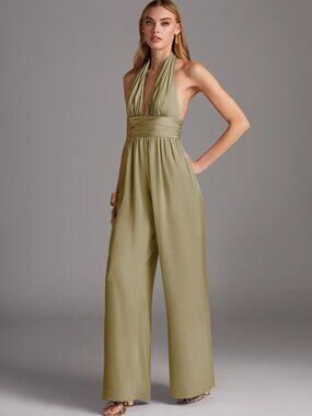 Azazie Sleeveless V-Neck Olive Green Jumper/ Pants Suit